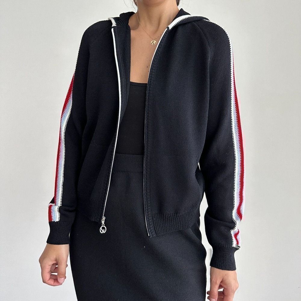 St. John Cardigan Womens 2 Santana Knit Black Front Zip Hooded Sweater Sport